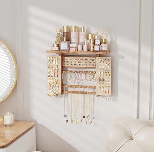 Emfogo Jewelry Organizer Hanging Wall Mounted Jewelry Holder, 5-in-1 Large Capacity Necklace Organizer Display for Ring, Necklaces, Bracelets, Earrings (Rustic Wood) - color: Rustic Wood
