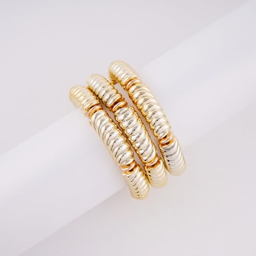 LALAPPLE Gold Plated Beaded Acrylic Bamboo Tube Bangle Bracelets for Women, Colorful Chunky Curved Tube With Gold Plated Pieces Beads Stretch Bracelet Friendship Summer Beach Jewelry - color: B-gold 3pcs(Chunky set)