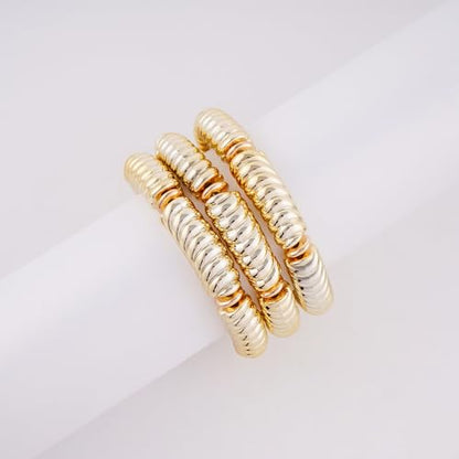 LALAPPLE Gold Plated Beaded Acrylic Bamboo Tube Bangle Bracelets for Women, Colorful Chunky Curved Tube With Gold Plated Pieces Beads Stretch Bracelet Friendship Summer Beach Jewelry - color: B-gold 3pcs(Chunky set)
