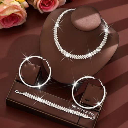Black Jewelry Sets Rhinestone Necklace Hoop Earrings Bracelet Set Prom Formal Sparkly Costume Jewelry Sets for Women - color: Silver