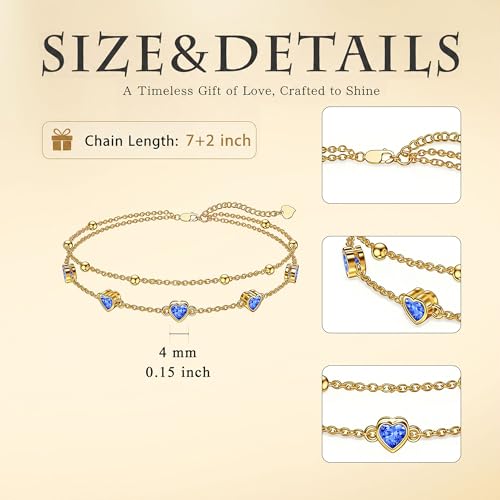Midari 18K Yellow Gold Gemstone Birthstone Anklet Bracelet Heart Jewelry with 12 Months Birthstone Birthday Gifts for Women Wife Her Daughter Mom - color: 09-Sep-Sapphire, size: Bracelet 7"-9"