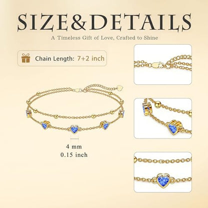 Midari 18K Yellow Gold Gemstone Birthstone Anklet Bracelet Heart Jewelry with 12 Months Birthstone Birthday Gifts for Women Wife Her Daughter Mom - color: 09-Sep-Sapphire, size: Bracelet 7"-9"