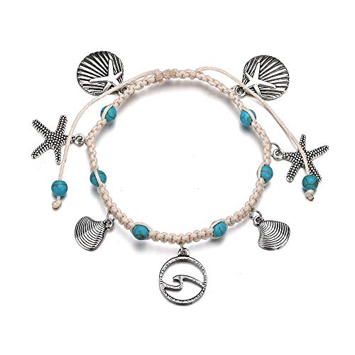 Softones Blue Starfish Turtle Anklet Multilayer Charm Beads Sea Handmade Boho Anklet Foot Jewelry for Women - style: L:Shell Wave Starfish
