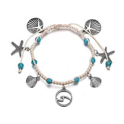 Softones Blue Starfish Turtle Anklet Multilayer Charm Beads Sea Handmade Boho Anklet Foot Jewelry for Women - style: L:Shell Wave Starfish