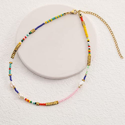 Wellike Freshwater Pearl Beaded Necklace for Women Handmade Boho Colorful Glass Beads Choker Necklace Stainless Steel 18K Gold Plated Bohemian Women Summer Jewelry Gifts - color: KKWX0521AMZ