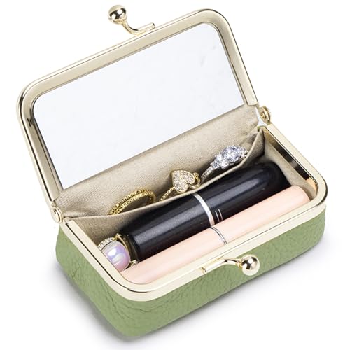 Genuine Leather Travel Jewelry Box, Mini Jewelry Organizer Case with Mirror for Women, Small Lipstick Bag for Purse, Cute Portable Gift for Her women giril (Green, Mirror) - color: Green, size: A