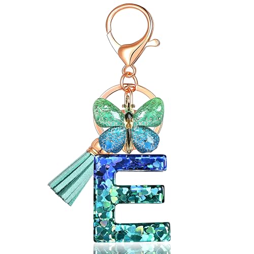 JINGUAZI Butterfly Initial Letter Keychain Bag Charms for Women | Cute pendant accessories for purses, handbags, backpacks, car keys, small gift for her young women, mothers, teachers - color: E-blue Green