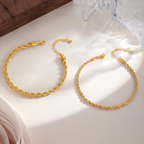 Gold Anklets for Women -14K Gold Plated 2-Strand Layered Ankle Bracelet Waterproof Tarnish Resistant Hypoallergenic Adjustable 8"+2.5" Minimalist Beach Jewelry Gift - style: Stack Anklet 02-GD