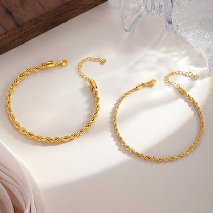 Gold Anklets for Women -14K Gold Plated 2-Strand Layered Ankle Bracelet Waterproof Tarnish Resistant Hypoallergenic Adjustable 8"+2.5" Minimalist Beach Jewelry Gift - style: Stack Anklet 02-GD