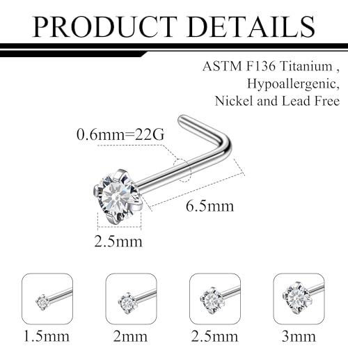 ASTM F136 Titanium Nose Rings 18G 20G 22G Clear Round Cubic Zirconia Nose Studs Ring Screw L-Shaped Bone Hypoallergenic Body Piercing Jewelry for Women 1.5mm 2mm 2.5mm 3mm 4PCS - style: L-Shaped:22G(0.6mm)