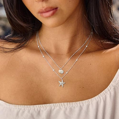 Shell Starfish Charm for Women, Dainty Layered 14K Gold Plated Seashell Conch Starfish Pearl Pendant Necklace for Women Stack Trendy Beach Cuban Link CZ Chain Necklace Summer Vacation Jewelry - color: 2PCS / Silver Starfish & Shell Pearl