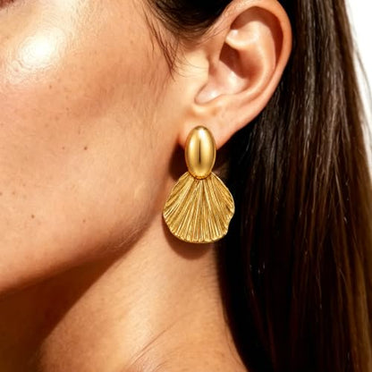 OGD Chunky Gold Statement Earrings For Women Trendy Gold Plated Sectored Flower Leaf Angel Wing Earrings Large Stud Jewlery Hypoallergenic - color: Shell-Gold