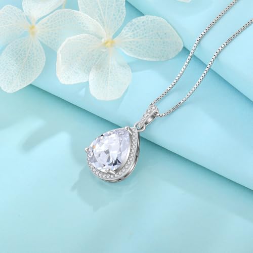 FJ Teardrop Pendant Necklace 925 Sterling Silver Birthstone Jewelry for Women - color: 04 April-Simulated Diamond
