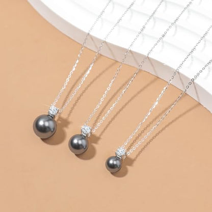 Single Black Pearl Pendant Necklace with Cubic Zirconia for Women S925 Sterling Silver Simple Crystal Pearl Drop Necklace Charm Chain Wife Daughter Birthday Wedding Graduation Jewelry Gifts - color: Silver, size: 12MM