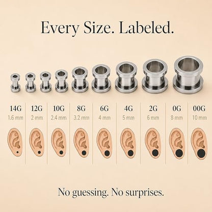 BodyJ4You 36PC Ear Stretching Kit - Complete Beginner Set 14G-00G | Gauges for Ears Stainless Steel Tapers Single Flare Plugs Tunnels - Dead Stretching Lobe Men Women Expander - color: Silvertone, Screw Fit