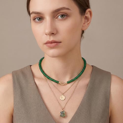Joya Love Colorful Gemstone Beaded Necklaces For Women Trendy Rainbow Natural Stone Boho Handmade Stainless Steel Waterproof Strand Necklaces Jewelry For Women Gift - color: Emerald