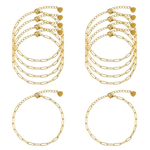 KYUNHOO 10 PCS 6.3 Inches Stainless Steel Paperclip Bracelet Chains Bulk | Gold Plated 3MM Wide Paperclip Chain Bracelet for Jewelry Making with Extender Chain - color: 3x9 paperclip gold