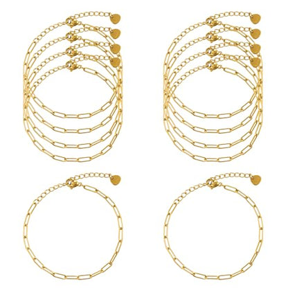 KYUNHOO 10 PCS 6.3 Inches Stainless Steel Paperclip Bracelet Chains Bulk | Gold Plated 3MM Wide Paperclip Chain Bracelet for Jewelry Making with Extender Chain - color: 3x9 paperclip gold