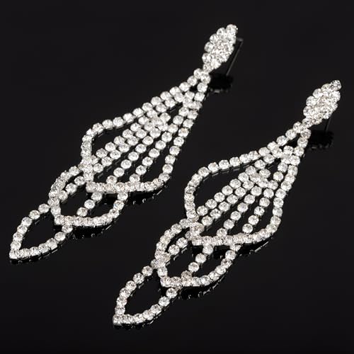 Silver Rhinestone Rectangle Dangle Earrings for Women Cubic Zirconia Crystal Dangle Earrings Long Chandelier Earrings Multi Layer Tassel Earrings Wedding Bridal Jewelry
