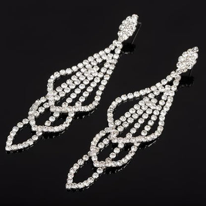 Silver Rhinestone Rectangle Dangle Earrings for Women Cubic Zirconia Crystal Dangle Earrings Long Chandelier Earrings Multi Layer Tassel Earrings Wedding Bridal Jewelry