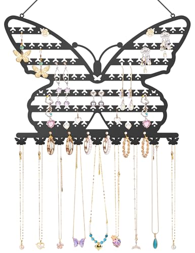 NiHome Butterfly Wall Mounted Jewelry Organizer, Earring Necklace Holder | Holds 82 Studs Plus 85 Hooks, 9 Necklace Hooks, Decorative Metal Display For Bedroom, Vanity, Closet - color: Black