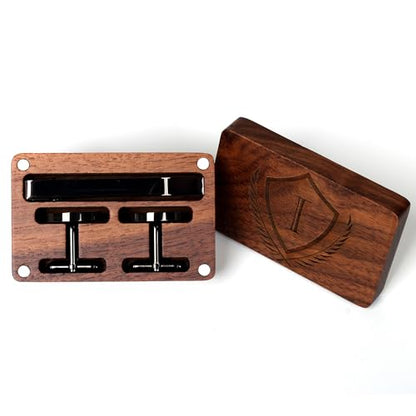 Mens Initial Cufflinks and Tie Clip A-Z Alphabet Letter Black Stainless Cuff Links Tie Bar with Engraved Walnut Wood Box Groom Groomsman Wedding Set - style: Classic-I