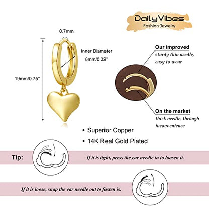 DAILY VIBES Cute Gold Mini Dangle Huggie Hoop Earrings for Women Trendy | 14K Gold Plated, Dainty Cubic Zirconia, Small Hoop Earrings with Charm Drop, Jewelry Gift for Women Ladies - color: Mini Heart A
