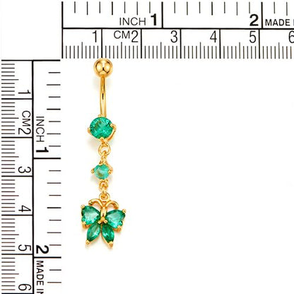 COOLSTEELANDBEYOND Gold Butterfly Belly Button Ring with Green Crystal Dangle Delicate Navel Piercing Body Jewelry