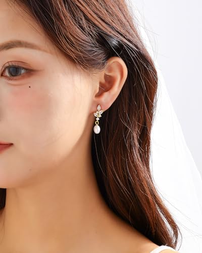 Pearl Earrings for Women, 14k Gold Plated Trendy Diamond Pearl Drop Earrings Bridal Shower Gifts Wedding jewelry for Women - color: Style B Gold
