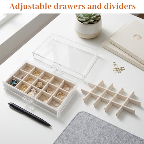 Acrylic Jewelry Box with 5 Drawers, Clear Case with Beige Velvet Lining, 9.25" x 5.31" x 6.7" Earring Organizer with Adjustable Dividers, Stackable Storage Display for Rings Necklaces Bracelets