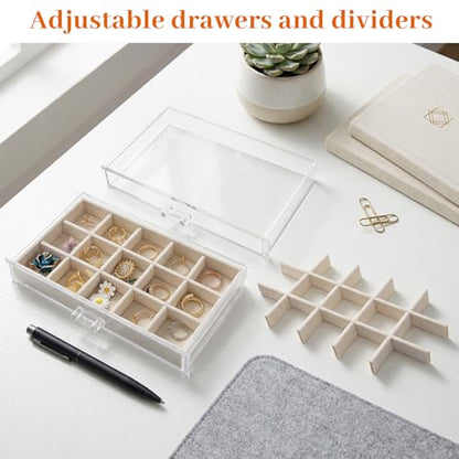 Acrylic Jewelry Box with 5 Drawers, Clear Case with Beige Velvet Lining, 9.25" x 5.31" x 6.7" Earring Organizer with Adjustable Dividers, Stackable Storage Display for Rings Necklaces Bracelets