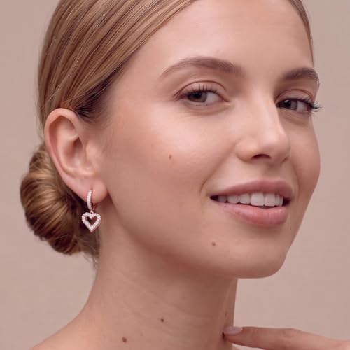 SLUYNZ 925 Sterling Silver CZ Sweet Love Hoop Earrings for Women Teens Hollow Heart Huggie Earrings Drop - color: C-Rose Color