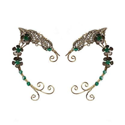 Elf Ear Cuffs, OwMell Handcraft Silver Pointed Fairy Elven Cosplay Fantasy Costume Bridal Wedding Earrings for Non Pierced Ears - style: 3 Flowers