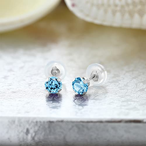 Gem Stone King 14K Gold Gemstone Birthstone Stud Earrings For Women Men | 4MM Round Cut | Solitaire Gold Studs with Secure Backs | Fine Jewelry for Her Him Mom Dad Wife - color: Swiss Blue Topaz-November
