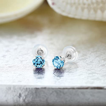 Gem Stone King 14K Gold Gemstone Birthstone Stud Earrings For Women Men | 4MM Round Cut | Solitaire Gold Studs with Secure Backs | Fine Jewelry for Her Him Mom Dad Wife - color: Swiss Blue Topaz-November