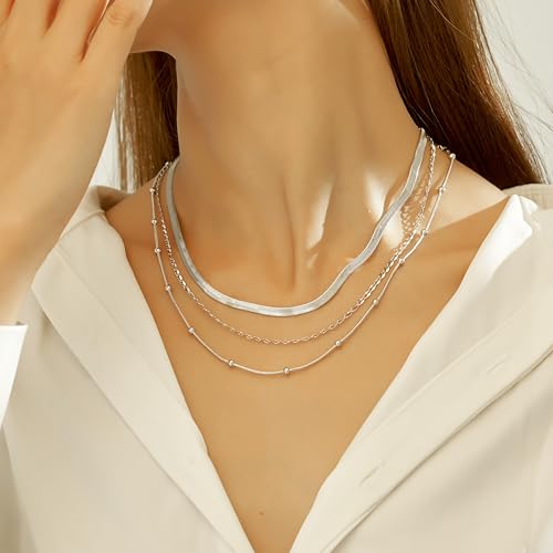 wgoud Gold Necklace for Women Waterproof,14K Real Gold Plated Herringbone Choker Necklace for Women Trendy, Dainty Gold Chain Necklaces Stack,Simple Layered Gold Necklaces for Women Jewelry Gifts - color: 3Pcs Silver Necklace B