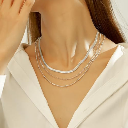 wgoud Gold Necklace for Women Waterproof,14K Real Gold Plated Herringbone Choker Necklace for Women Trendy, Dainty Gold Chain Necklaces Stack,Simple Layered Gold Necklaces for Women Jewelry Gifts - color: 3Pcs Silver Necklace B