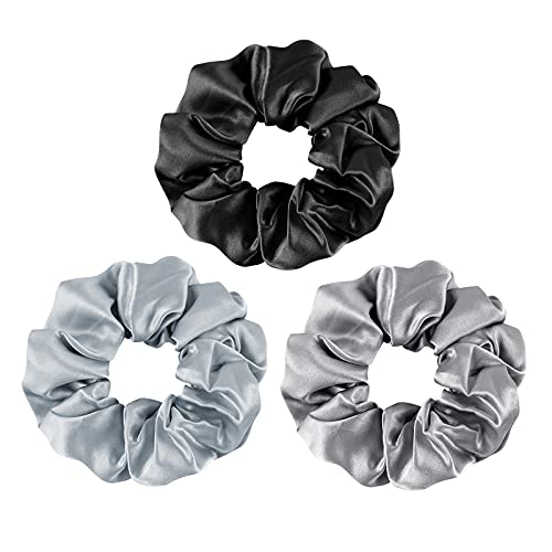 OLESILK 100% Mulberry Silk-Scrunchies for Hair Sleep, Women Grils Silk Hair Ties for Frizz & Breakage Curly Hair, No Damage, Elastics Ponytail Holder, 3 Pack - color: 3pcs, Black-Light Grey-Grey