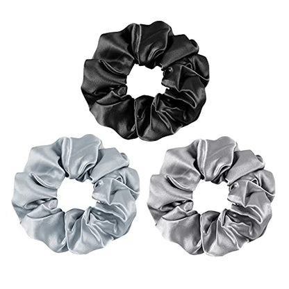 OLESILK 100% Mulberry Silk-Scrunchies for Hair Sleep, Women Grils Silk Hair Ties for Frizz & Breakage Curly Hair, No Damage, Elastics Ponytail Holder, 3 Pack - color: 3pcs, Black-Light Grey-Grey