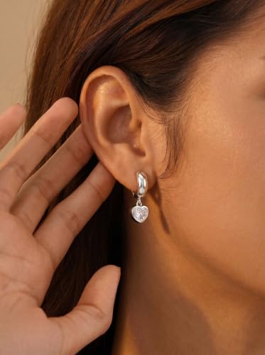Gold Chunky Dangle Earrings for Women, Bezel Set Cubic Zirconia Charm | 14K Gold Silver Plated, Statement Huggie Hoops Drop Earrings, Trendy Jewelry Gifts, High Grade CZ, Hypoallergenic Lightweight - color: SL-Heart CZ Hoop