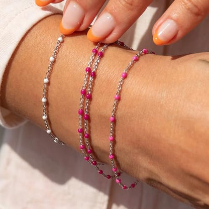 6 PCS Enamel Beaded Chains Bracelet Stainless Steel Link Bracelets | 6.7"+1.18", With Extender Chain, Fashion Jewelry Set, Gift For Women, Colorful, No Fade - color: Rose Silver