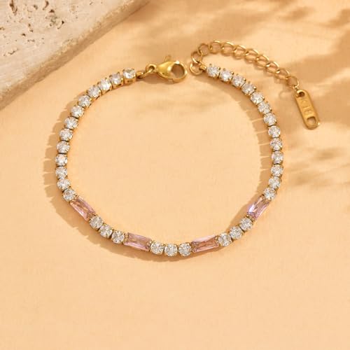 Tennis Bracelet for Women 18K Gold Plated White Red Green Black Blue Pink 3mm Cubic Zirconia Bracelet Dainty Diamond Adjustable Bracelet Trendy Jewelry Gift - color: Pink Tennis-Gold