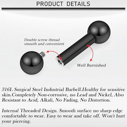 16G-00G Tongue Rings Nipple Piercings Internally Threaded Straight Barbell 316L Surgical Steel Body Piercing Jewelry for Women Men Black silver 12mm 14mm 16mm 19mm Bars Length - color: Black, size: 6G(4mm)-12mm barbells-6mm Balls