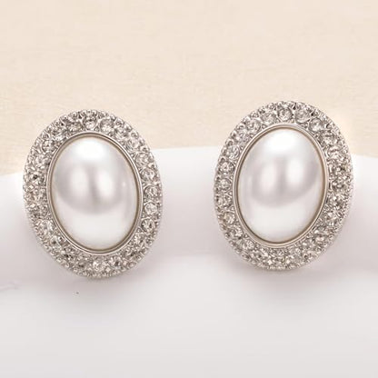 Pearl and Rhinestone Stud Earrings for Women Retro Statement Earrings Wedding Party Prom Jewelry - color: Mabe Pearl-Silver