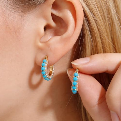 DREMMY STUDIOS Gold Dainty Huggie Hoop Earrings 18K Gold Plated Exquisite Open Tassel Dangle Charm Drop Sleeper Geometric Cross Coin Star Heart White CZ Simple Hypoallergenic Earrings for Women - color: Turquiose CZ Hoops