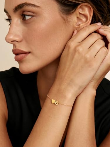 KeyStyle Initial Heart Bracelet for Women Waterproof Stainless Steel Chain | 14K Gold Plated /Silver A-Z Letter Adjustable Charm Bracelet, Hypoallergenic Non Tarnish Dainty Gift for Everyday Wear - color: 14K Gold Plated-D