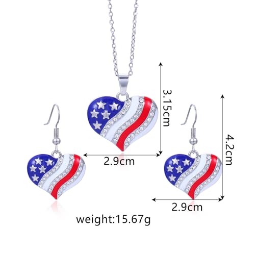 HUJUON American Flag Pendant Necklace Earring Set for Women 4th Of July Butterfly Drop Dangle Hook Earring Independence Day Usa Patriotic Choker Jewelry Gift - color: Heart Silver