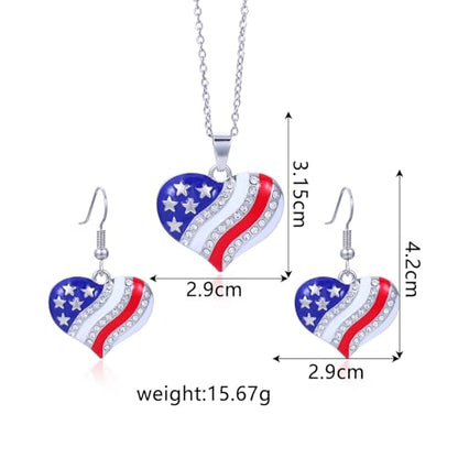 HUJUON American Flag Pendant Necklace Earring Set for Women 4th Of July Butterfly Drop Dangle Hook Earring Independence Day Usa Patriotic Choker Jewelry Gift - color: Heart Silver