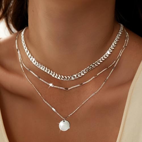 Cuzmly Layered Silver Necklaces for Women, Sterling Silver Stackable Stack Choker Necklaces for Women Trendy Layering Circle Pendant Chain Necklace Set Jewelry for Women - style: Coin