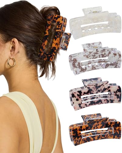 4PCS Large Claw Clips for Thick Hair, Large Acrylic Hair Clips | Modern Marble Geometric Design, Non-Slip Secure Hold for Long Hair, Buns, Updos and Everyday Styling - color: White + Tie-dye